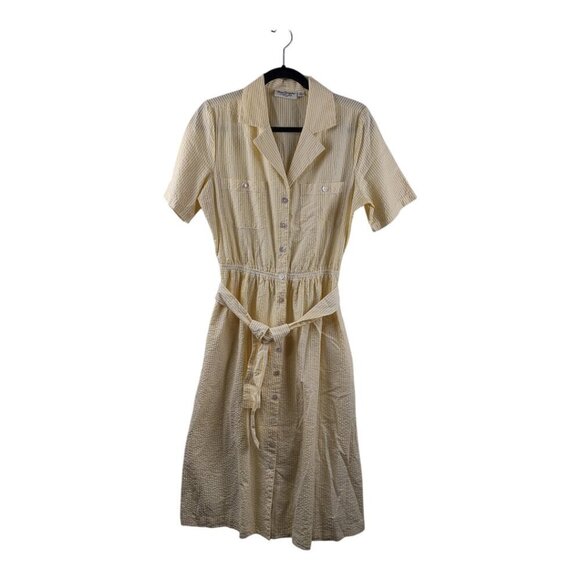 Norm Thompson Dresses & Skirts - 1980s Vintage Yellow Cotton Striped Seersucker Day Dress Size Small